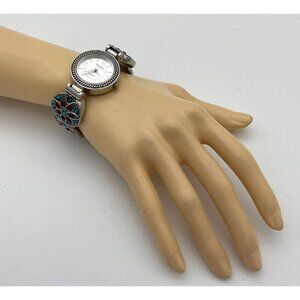 Studio Quartz Cuff Watch Aqua & Red Stone Accents Stainless Steel Back Japan VTG